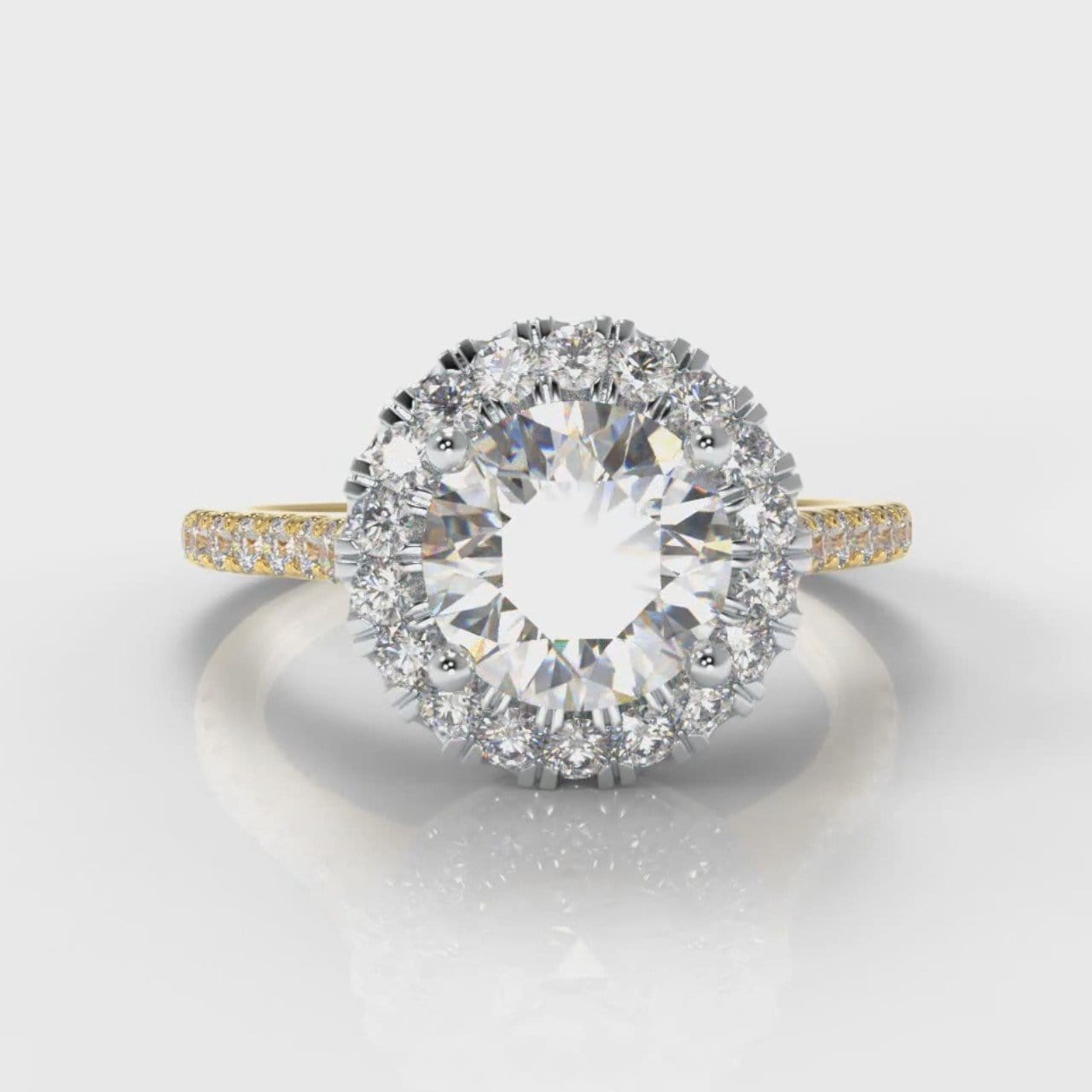 Petite Micropavé Round Brilliant Cut Diamond Halo Engagement Ring - Two Tone Yellow Gold