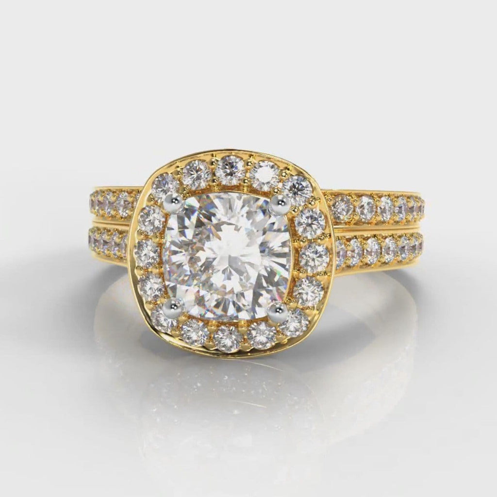 Pavé Cushion Cut Diamond Halo Bridal Set - Yellow Gold