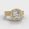 Pavé Cushion Cut Diamond Halo Bridal Set - Yellow Gold
