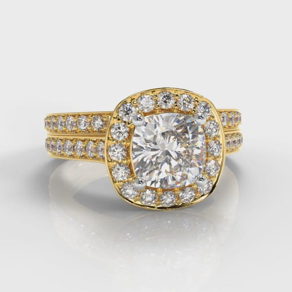 Pavé Cushion Cut Diamond Halo Bridal Set - Yellow Gold