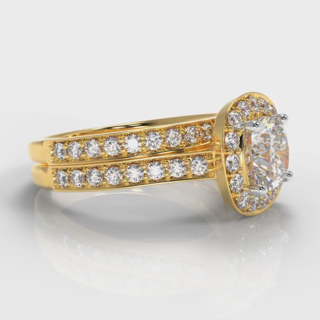 Pavé Cushion Cut Diamond Halo Bridal Set - Yellow Gold