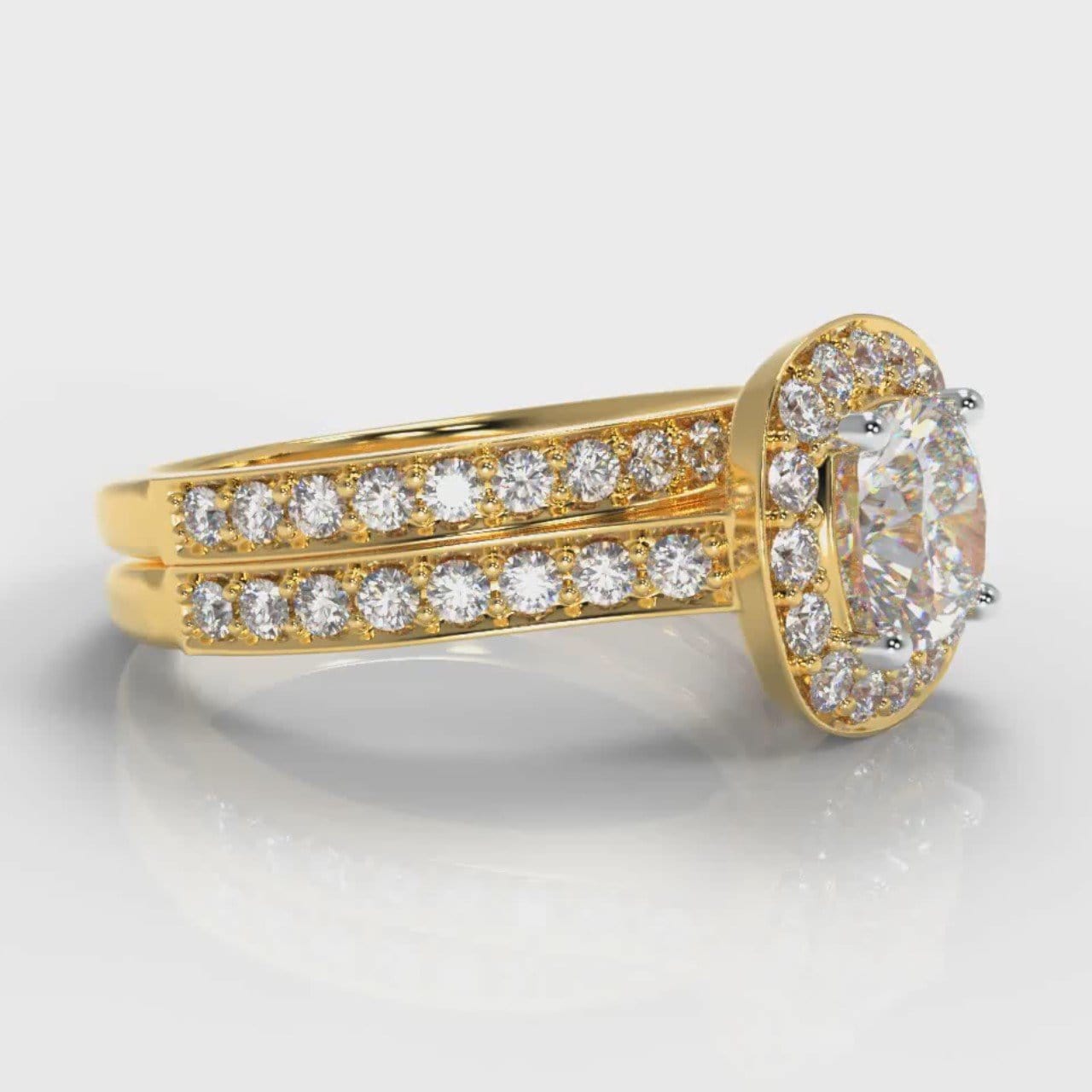 Pavé Cushion Cut Diamond Halo Bridal Set - Yellow Gold