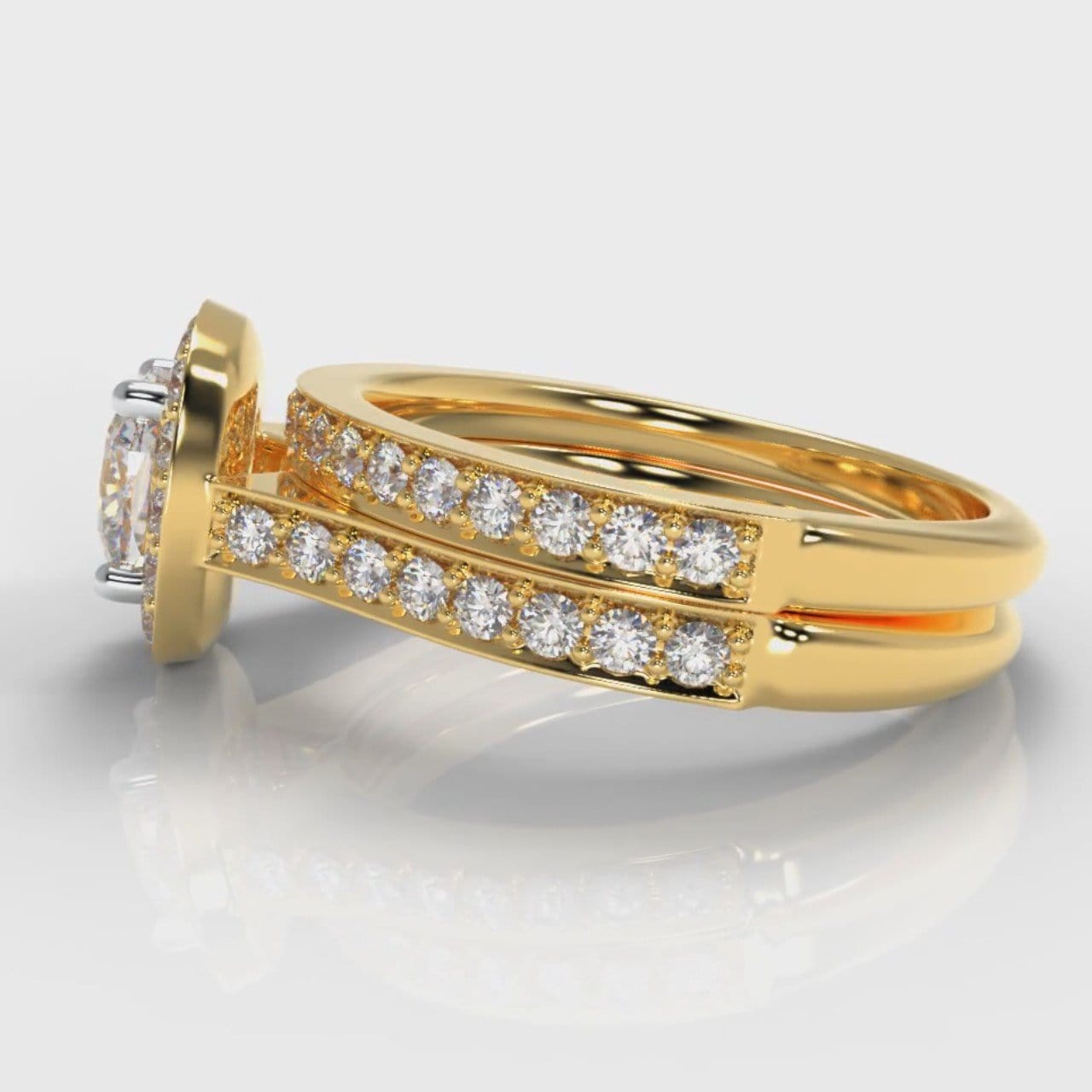 Pavé Cushion Cut Diamond Halo Bridal Set - Yellow Gold