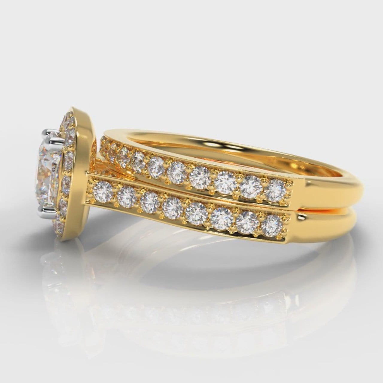 Pavé Cushion Cut Diamond Halo Bridal Set - Yellow Gold