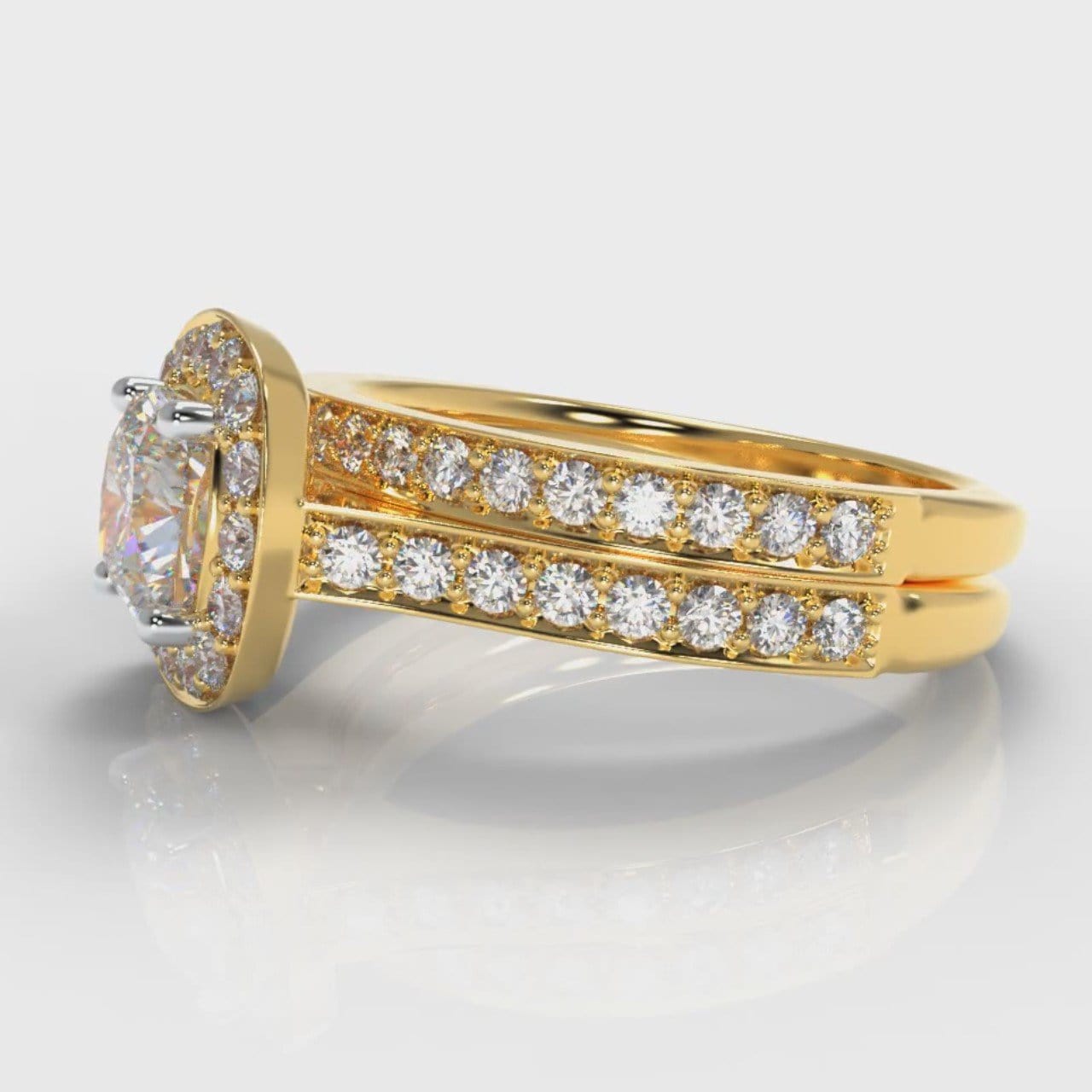 Pavé Cushion Cut Diamond Halo Bridal Set - Yellow Gold
