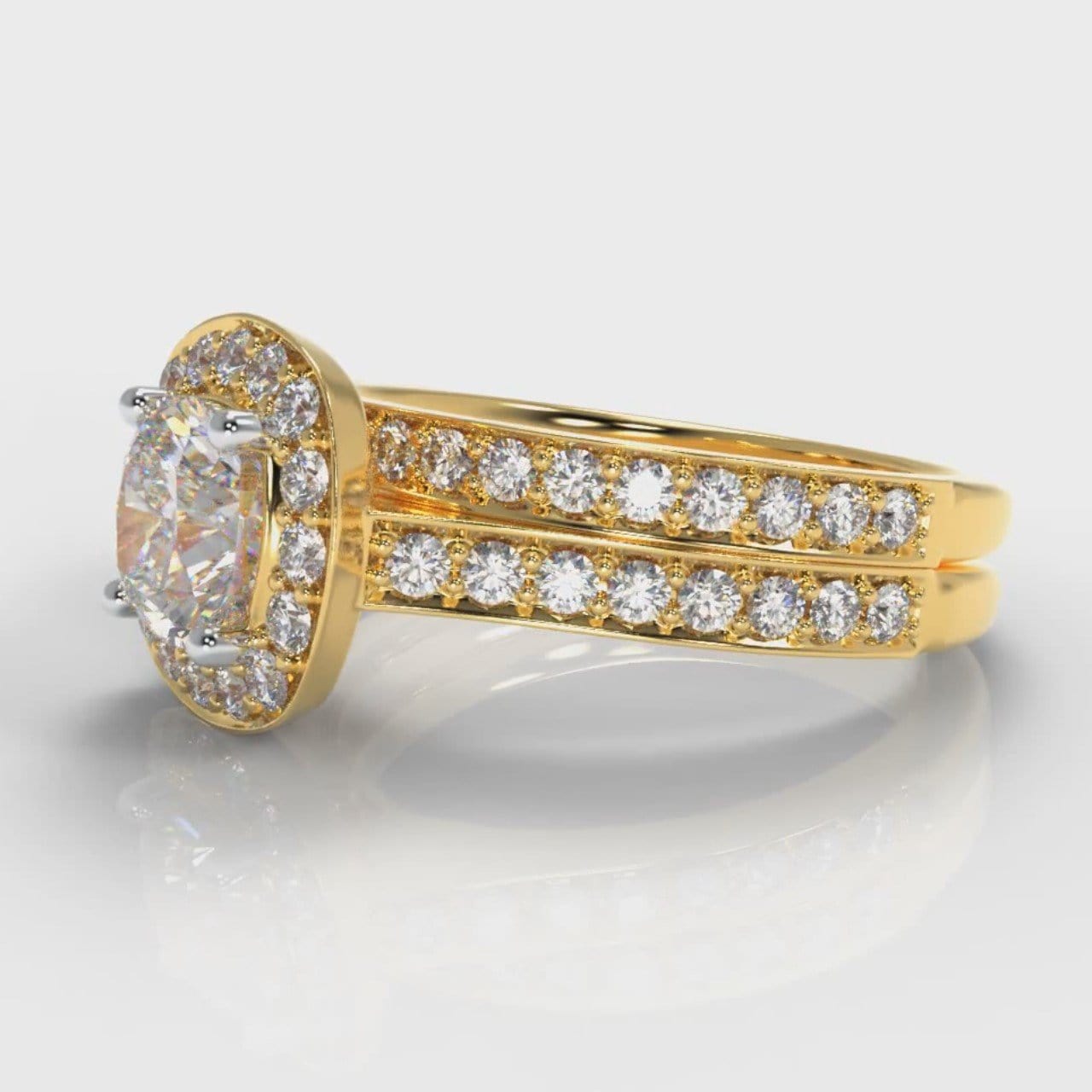 Pavé Cushion Cut Diamond Halo Bridal Set - Yellow Gold