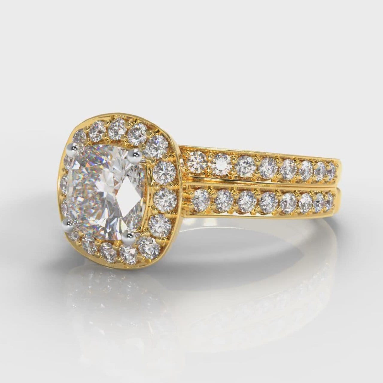 Pavé Cushion Cut Diamond Halo Bridal Set - Yellow Gold