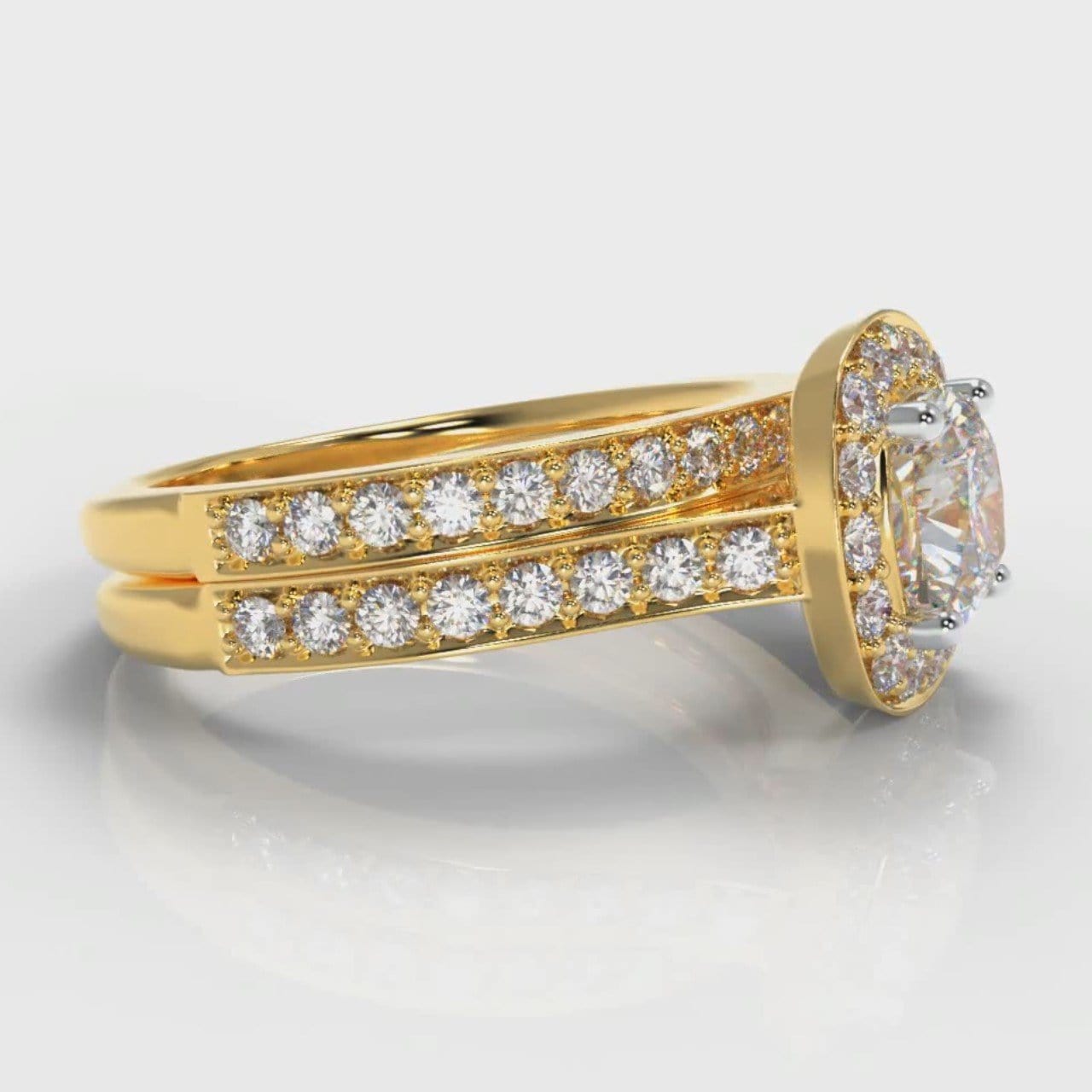 Pavé Cushion Cut Diamond Halo Bridal Set - Yellow Gold