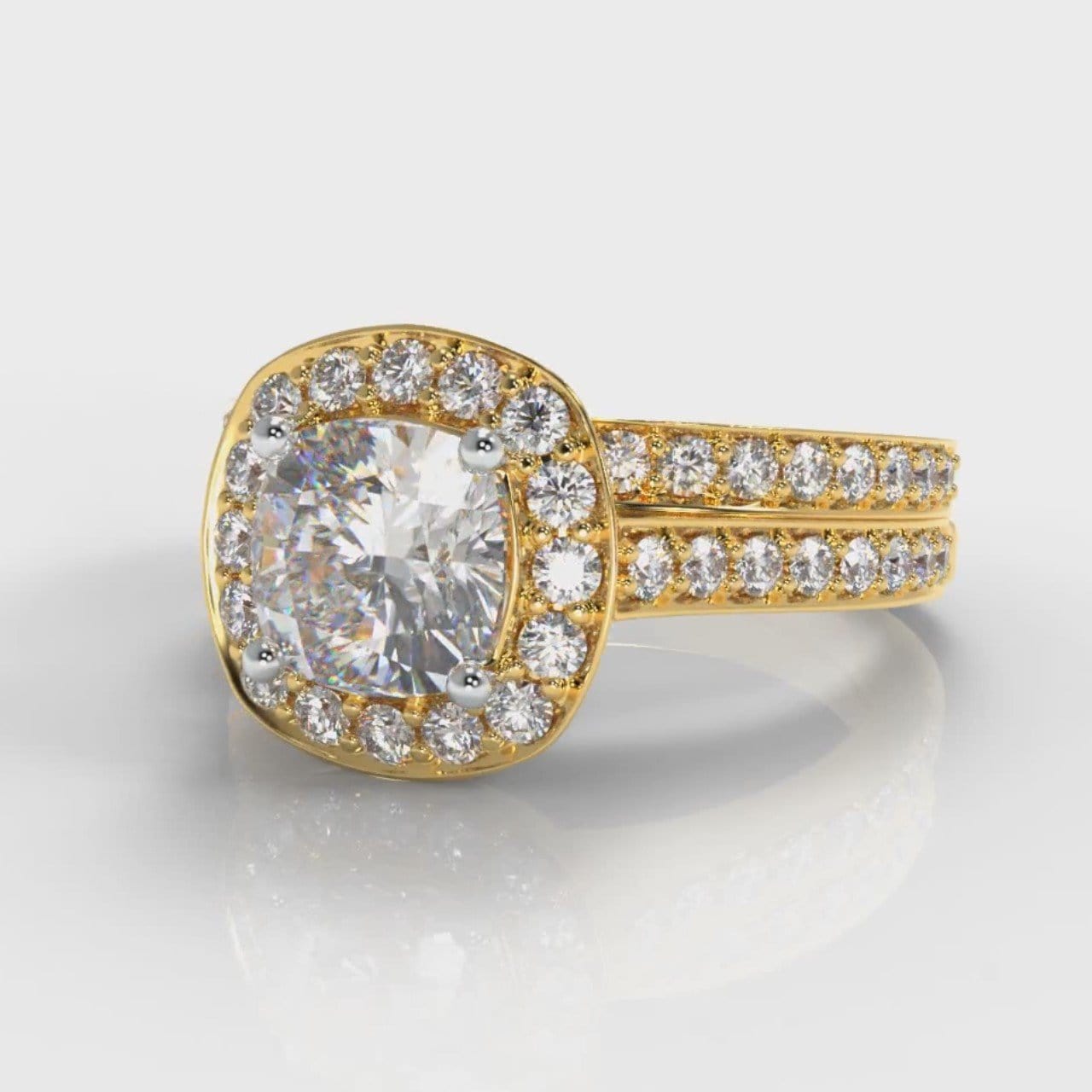 Pavé Cushion Cut Diamond Halo Bridal Set - Yellow Gold