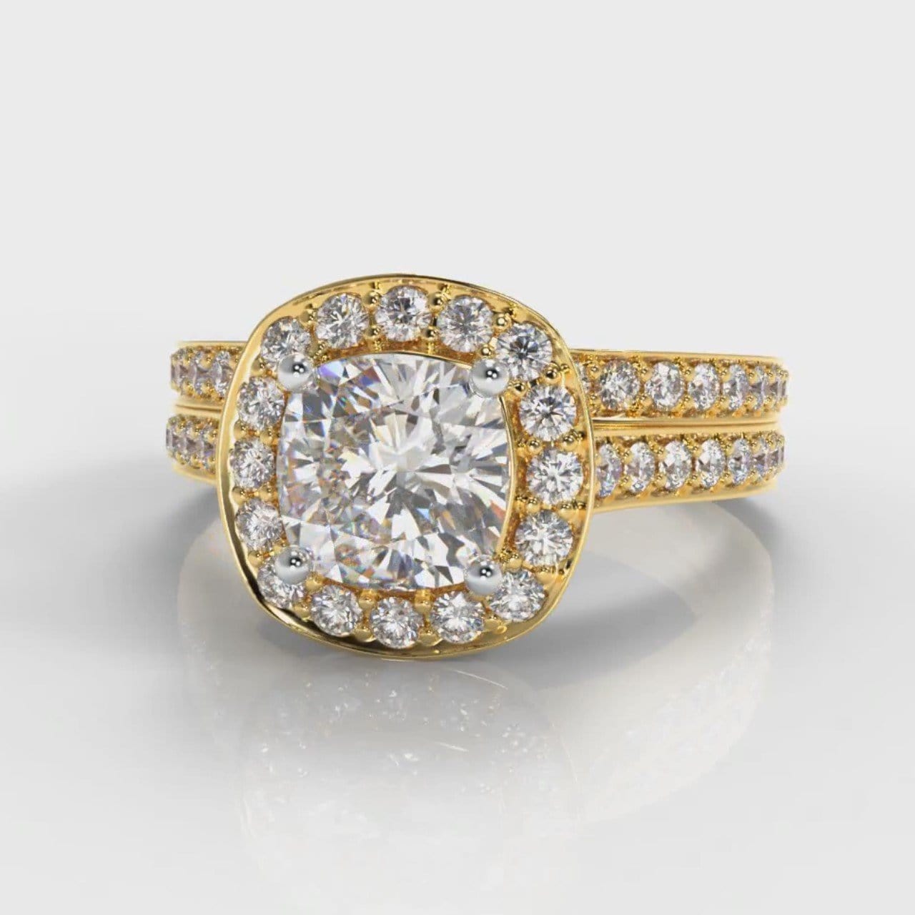 Pavé Cushion Cut Diamond Halo Bridal Set - Yellow Gold
