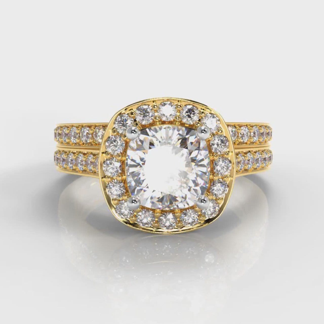 Pavé Cushion Cut Diamond Halo Bridal Set - Yellow Gold