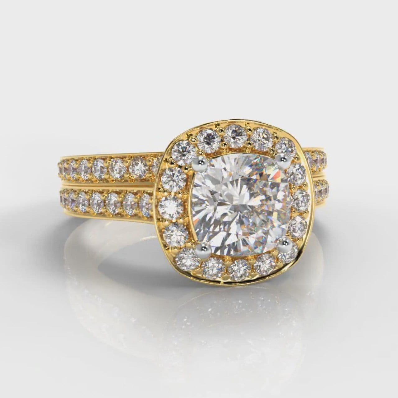 Pavé Cushion Cut Diamond Halo Bridal Set - Yellow Gold