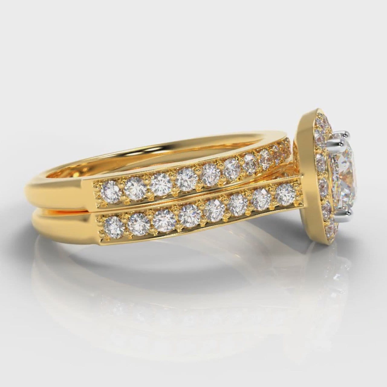 Pavé Cushion Cut Diamond Halo Bridal Set - Yellow Gold