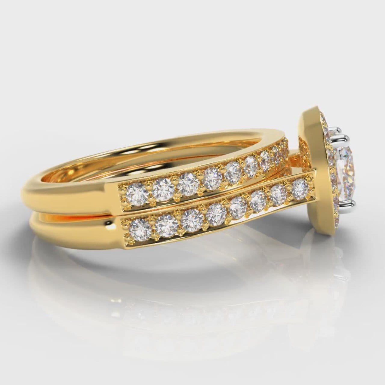 Pavé Cushion Cut Diamond Halo Bridal Set - Yellow Gold