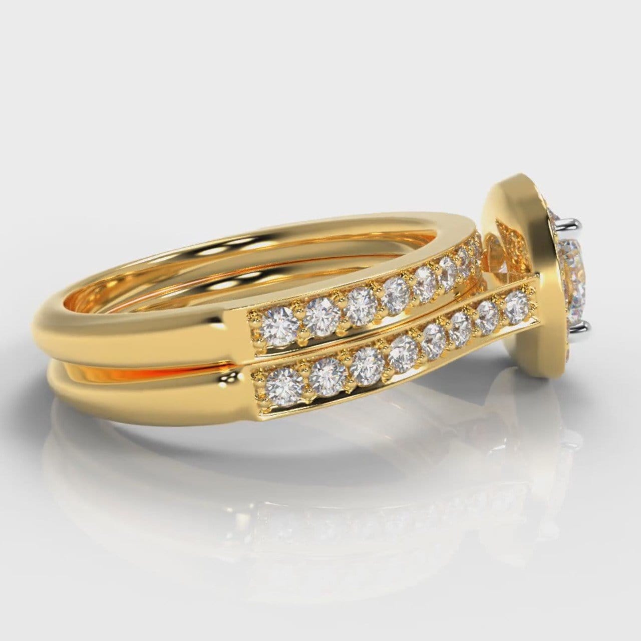 Pavé Cushion Cut Diamond Halo Bridal Set - Yellow Gold