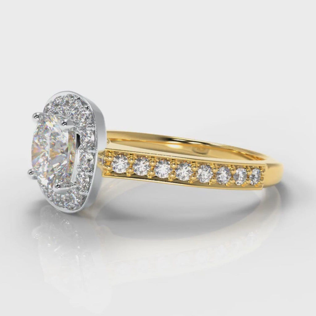 Pavé Cushion Cut Diamond Halo Engagement Ring - Two Tone Yellow Gold