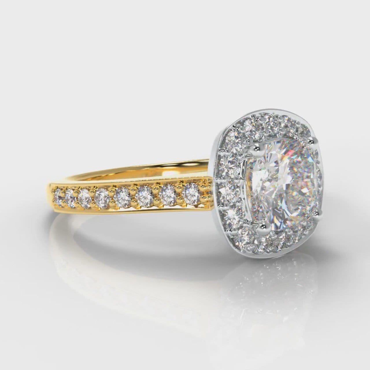 Pavé Cushion Cut Diamond Halo Engagement Ring - Two Tone Yellow Gold