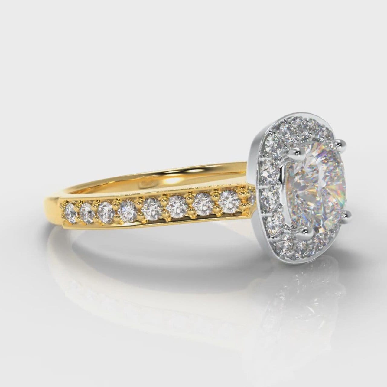 Pavé Cushion Cut Diamond Halo Engagement Ring - Two Tone Yellow Gold