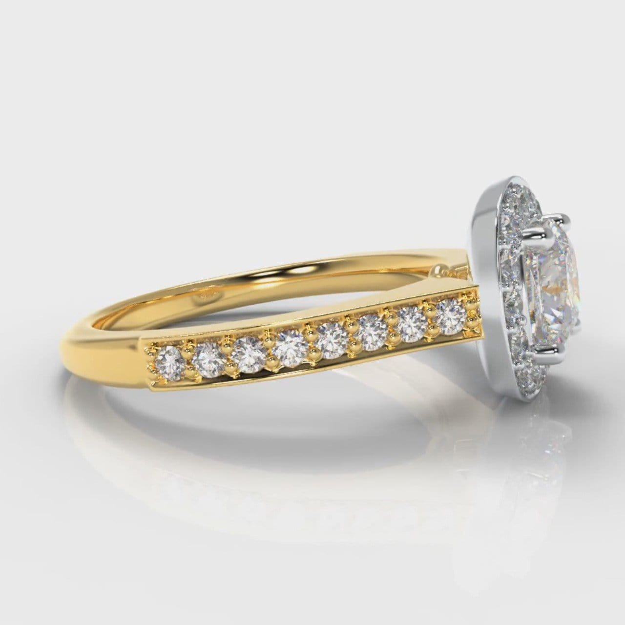 Pavé Cushion Cut Diamond Halo Engagement Ring - Two Tone Yellow Gold
