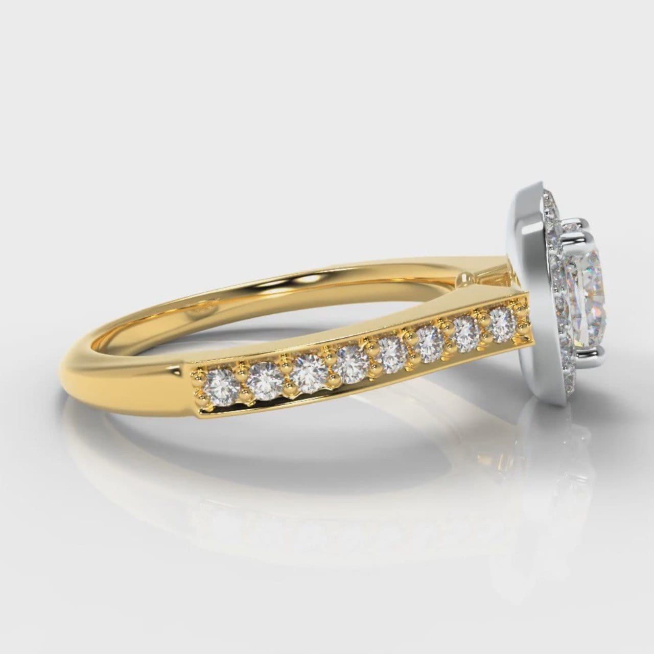Pavé Cushion Cut Diamond Halo Engagement Ring - Two Tone Yellow Gold