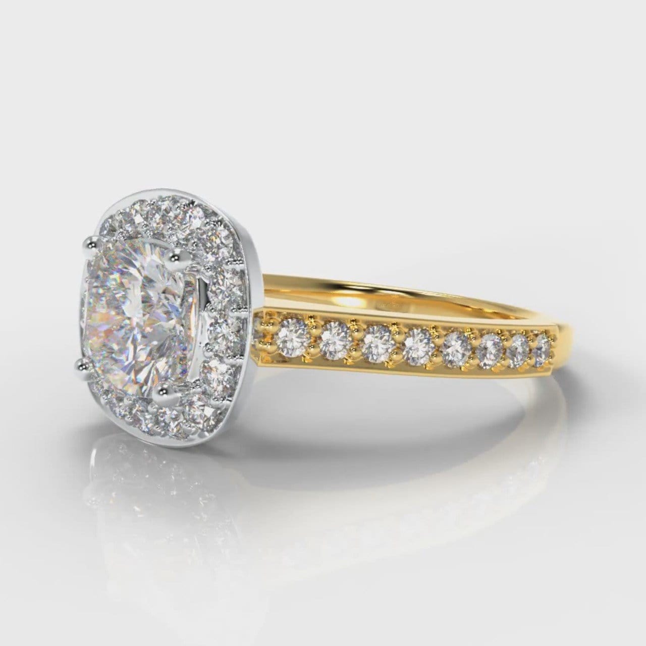 Pavé Cushion Cut Diamond Halo Engagement Ring - Two Tone Yellow Gold