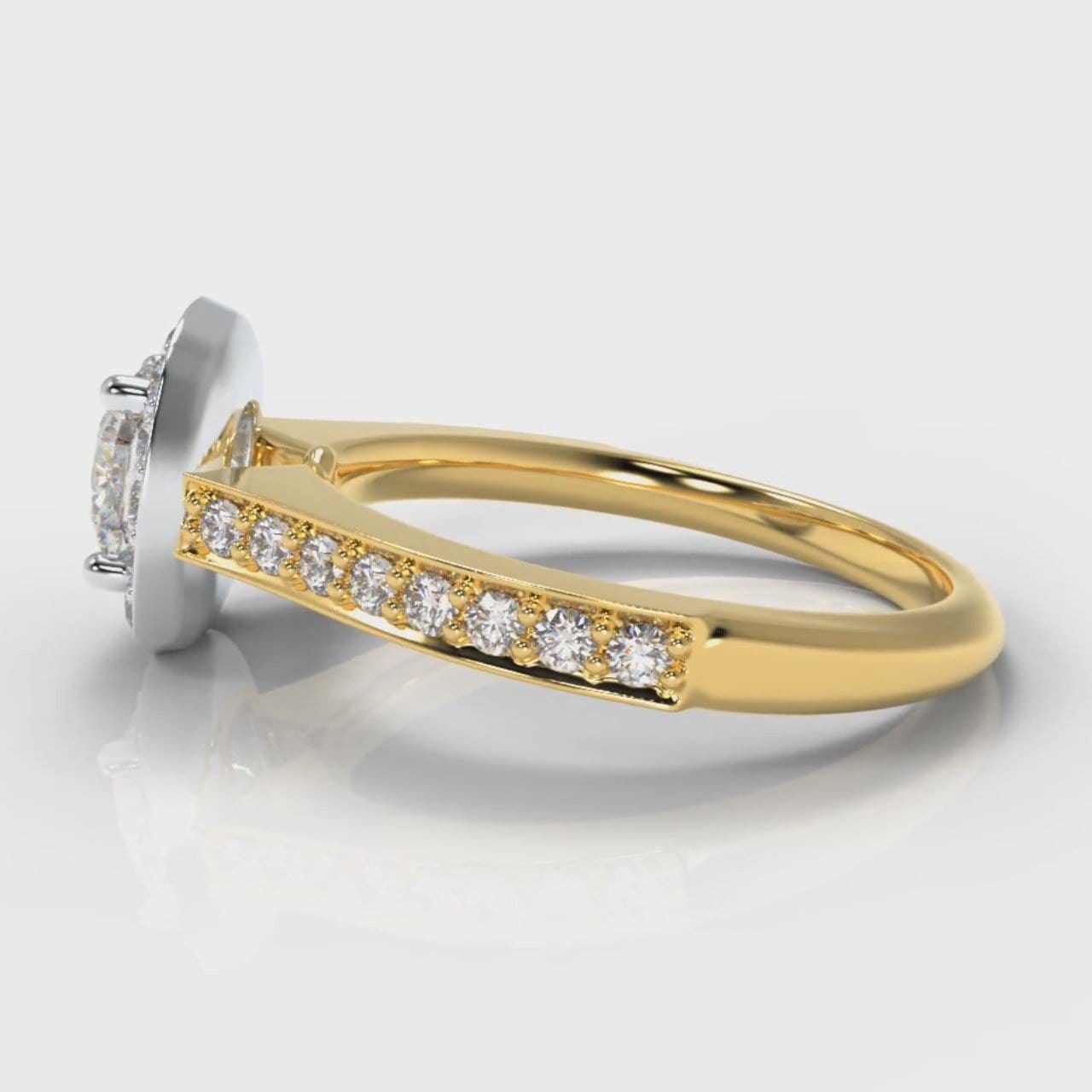 Pavé Cushion Cut Diamond Halo Engagement Ring - Two Tone Yellow Gold