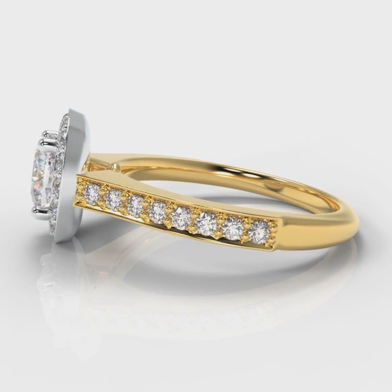 Pavé Cushion Cut Diamond Halo Engagement Ring - Two Tone Yellow Gold