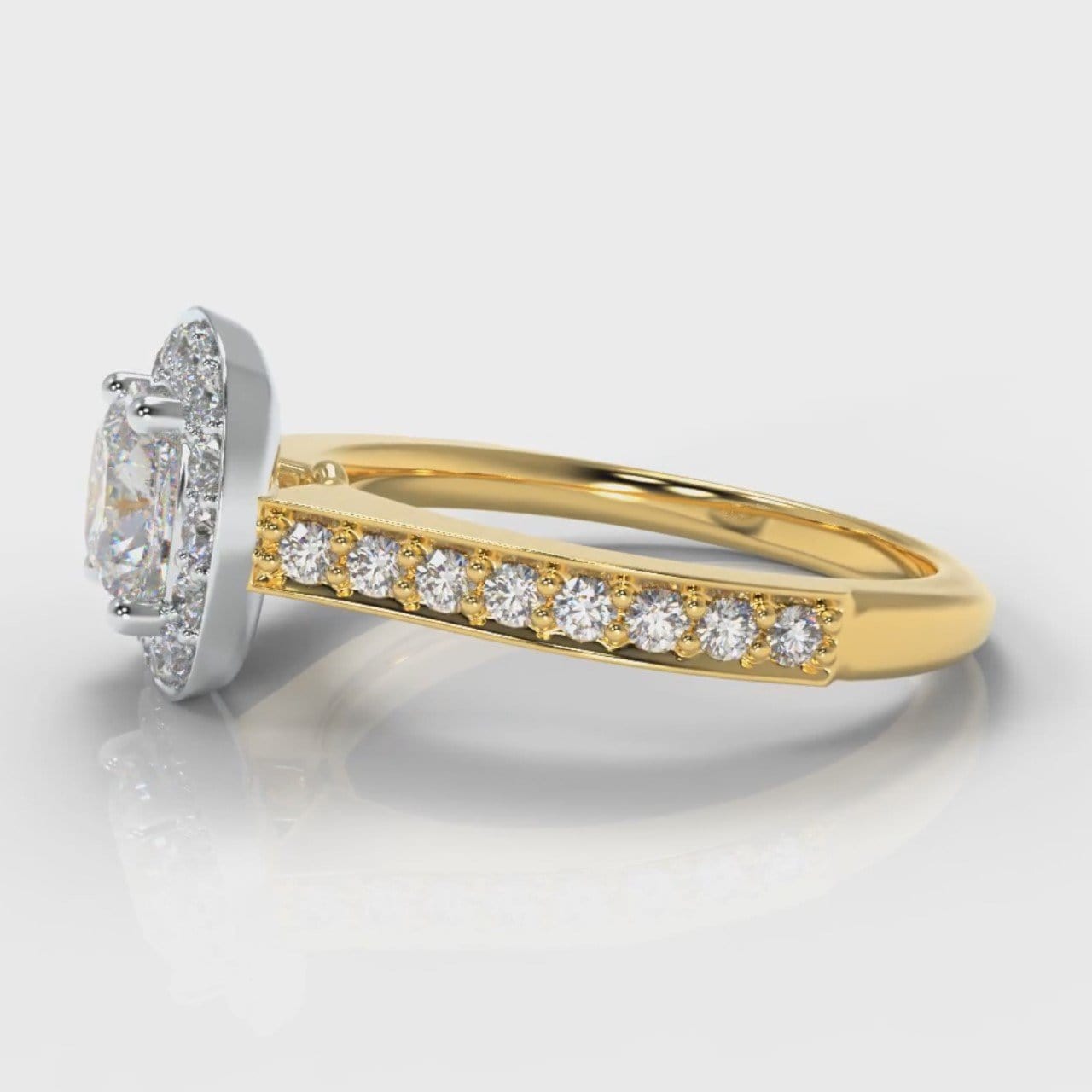 Pavé Cushion Cut Diamond Halo Engagement Ring - Two Tone Yellow Gold