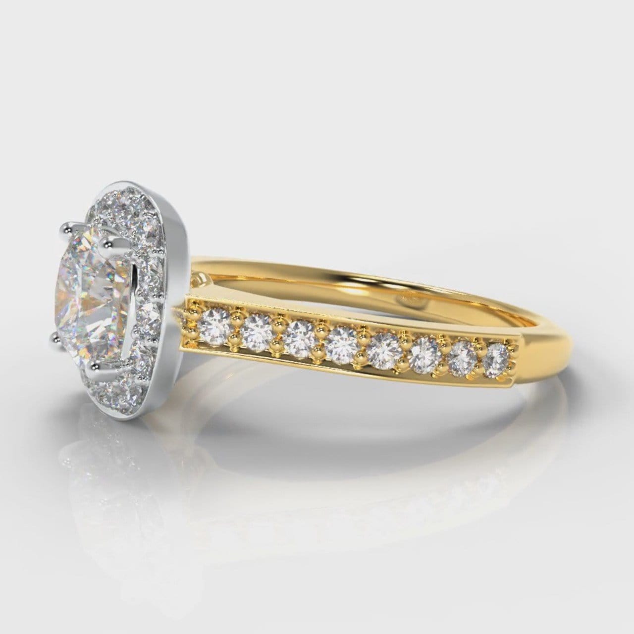 Pavé Cushion Cut Diamond Halo Engagement Ring - Two Tone Yellow Gold