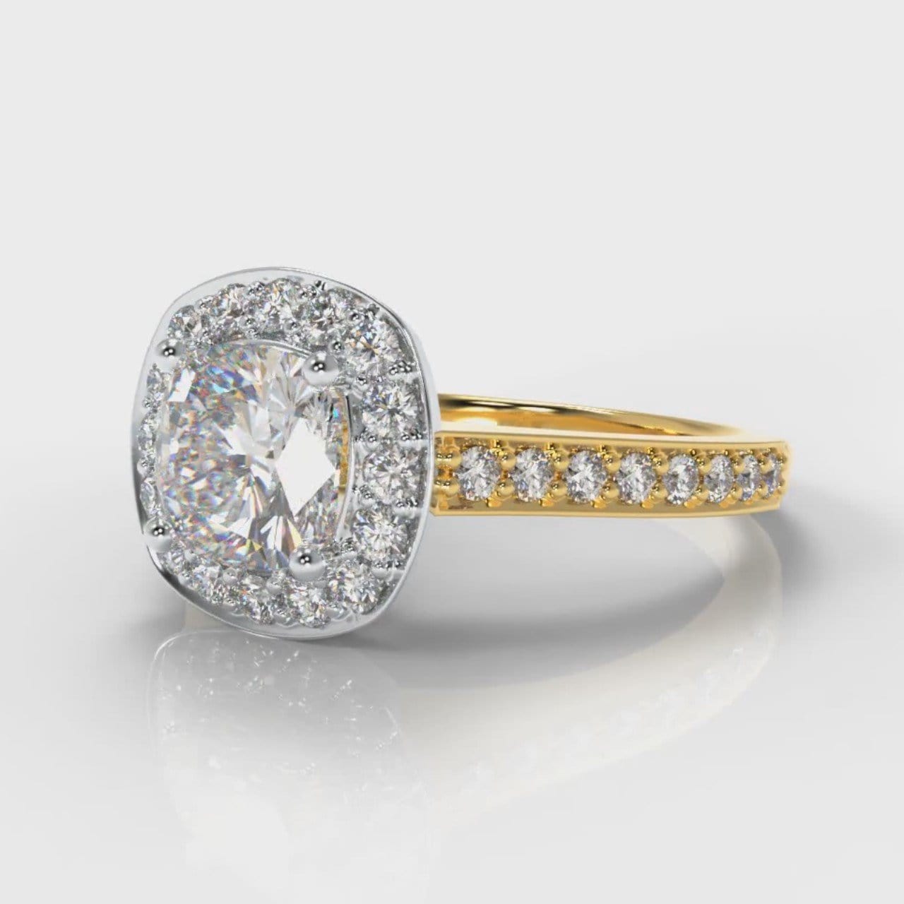 Pavé Cushion Cut Diamond Halo Engagement Ring - Two Tone Yellow Gold