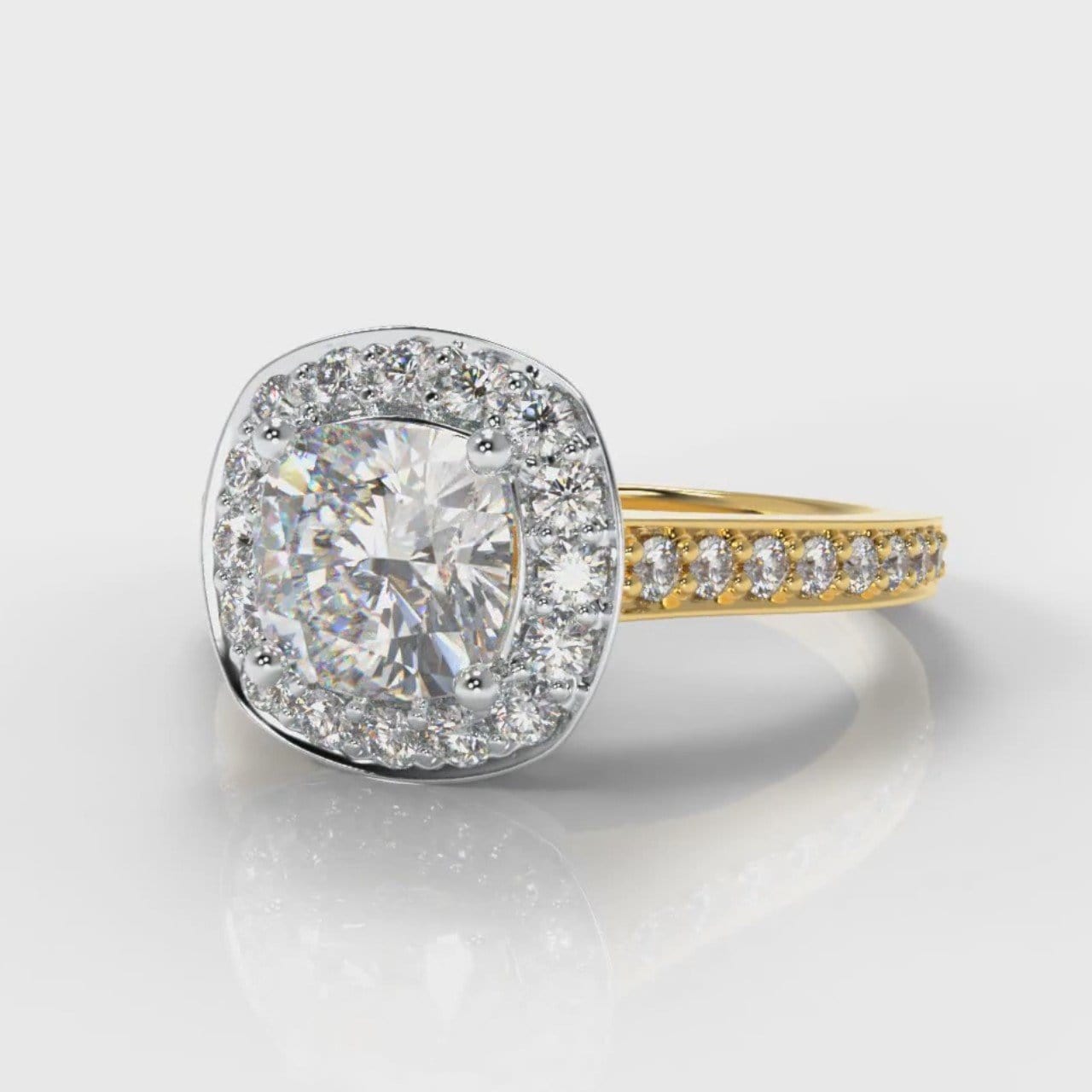 Pavé Cushion Cut Diamond Halo Engagement Ring - Two Tone Yellow Gold