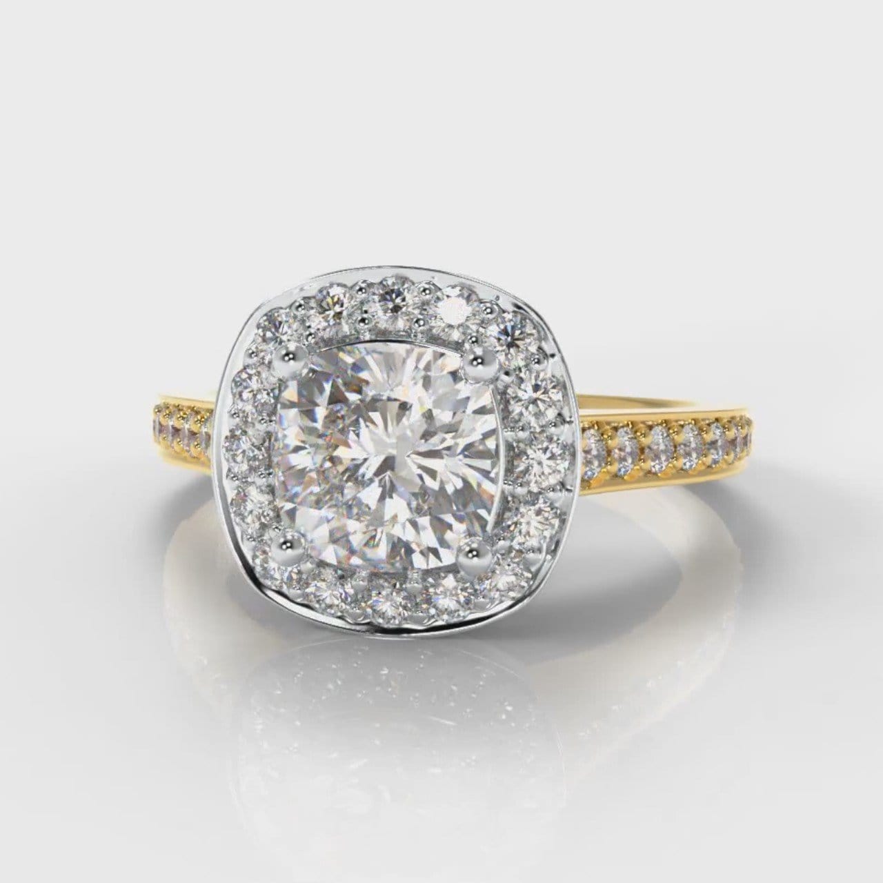 Pavé Cushion Cut Diamond Halo Engagement Ring - Two Tone Yellow Gold