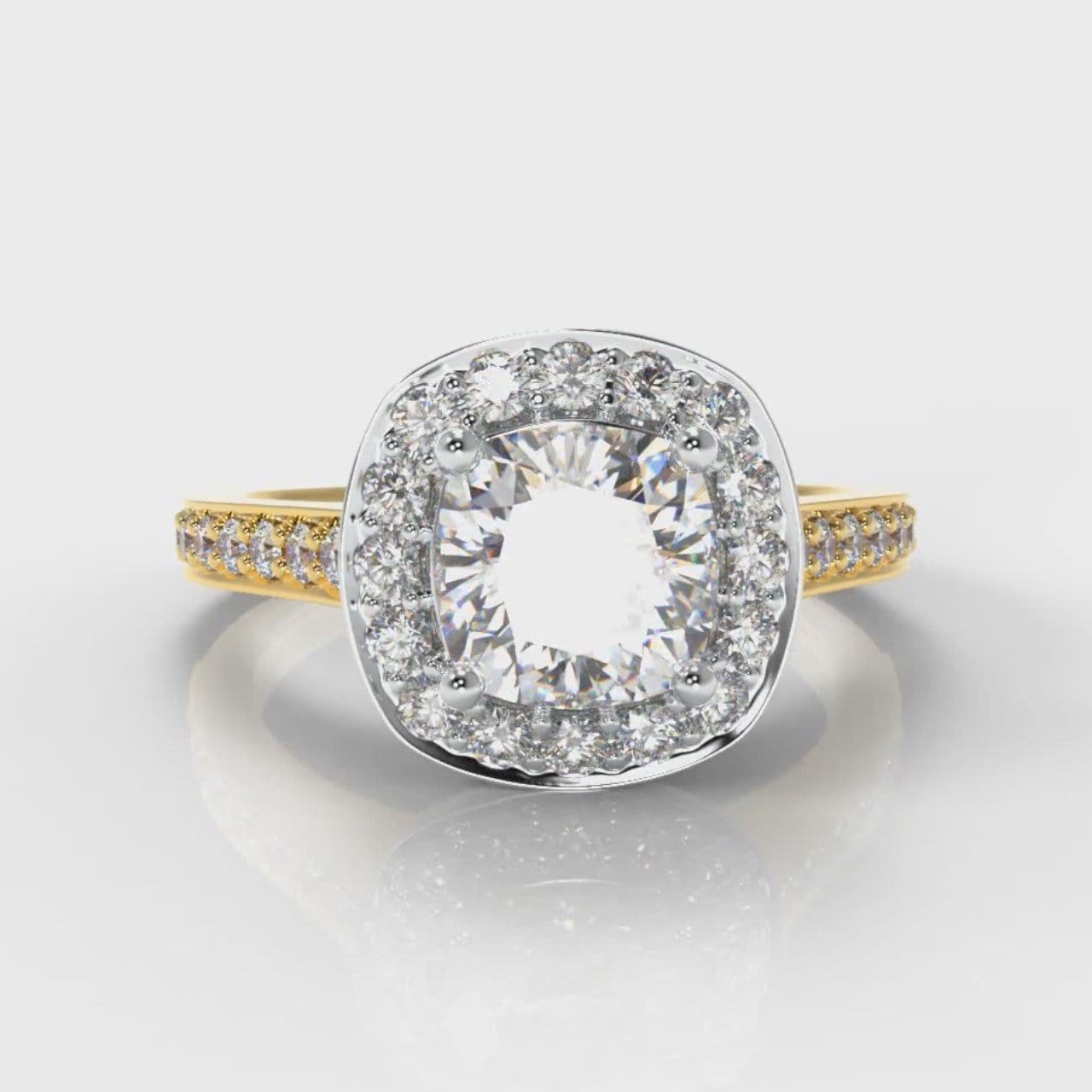 Pavé Cushion Cut Diamond Halo Engagement Ring - Two Tone Yellow Gold