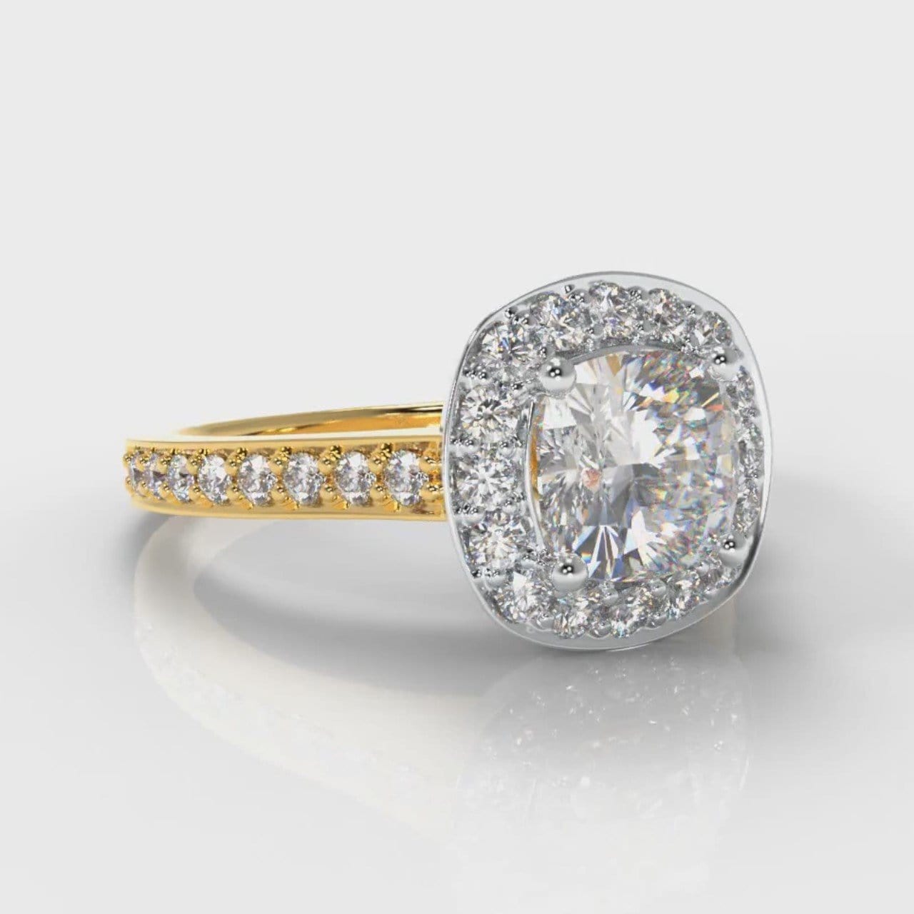 Pavé Cushion Cut Diamond Halo Engagement Ring - Two Tone Yellow Gold