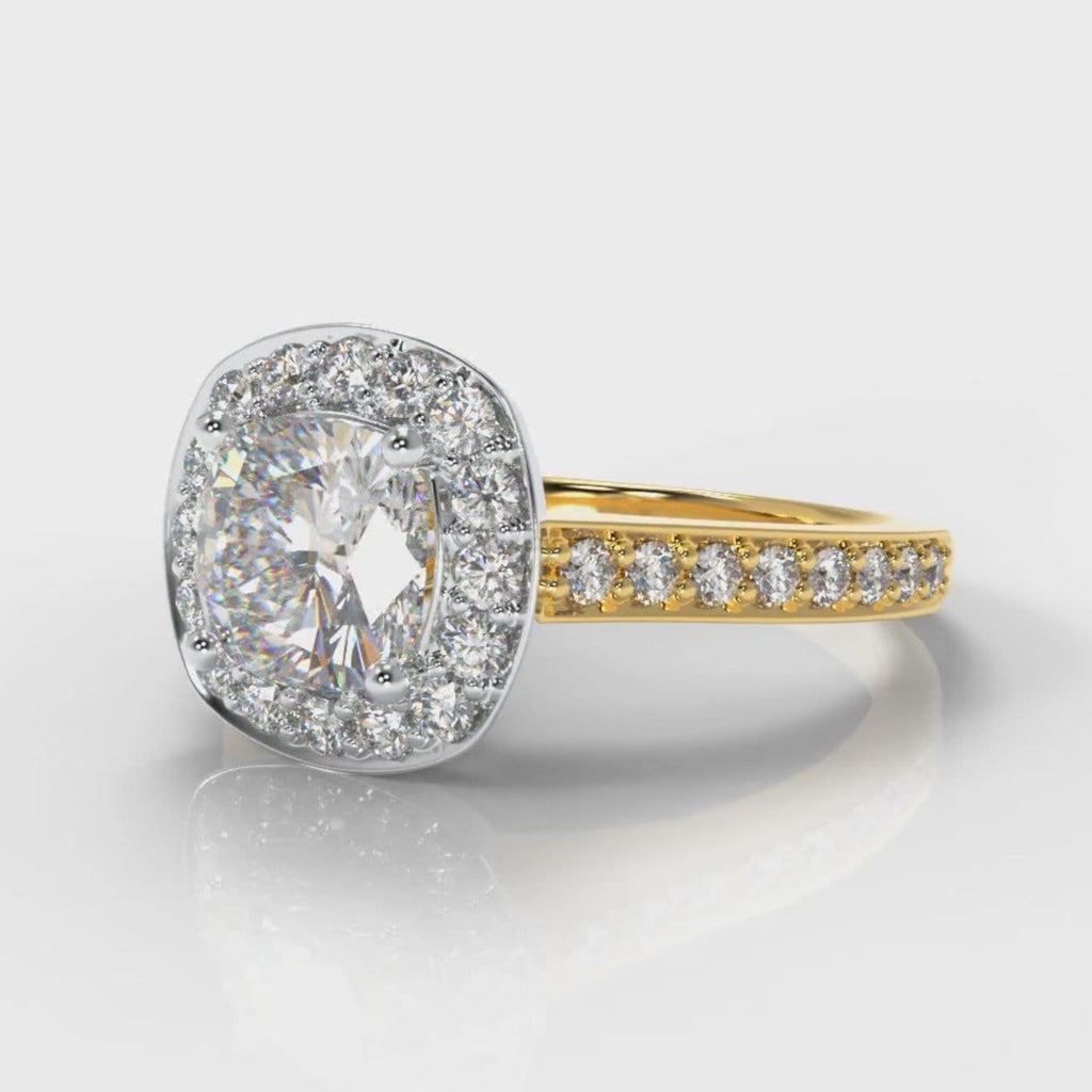 Pavé Cushion Cut Diamond Halo Engagement Ring - Two Tone Yellow Gold