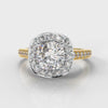Pavé Cushion Cut Diamond Halo Engagement Ring - Two Tone Yellow Gold