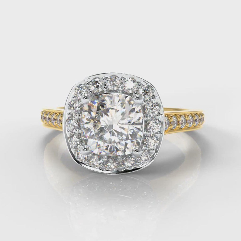 Pavé Cushion Cut Diamond Halo Engagement Ring - Two Tone Yellow Gold