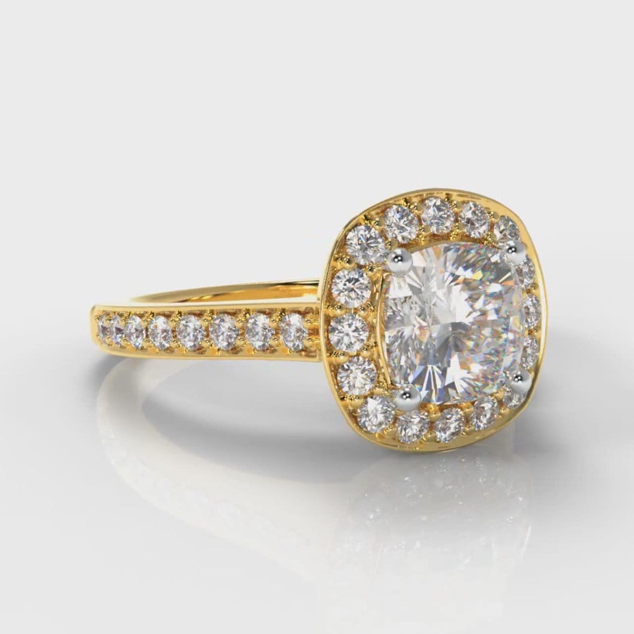 Pavé Cushion Cut Diamond Halo Engagement Ring - Yellow Gold