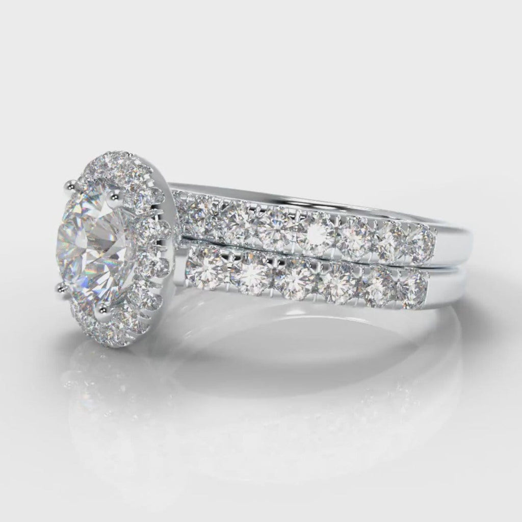 Micropavé Round Brilliant Cut Diamond Halo Bridal Set