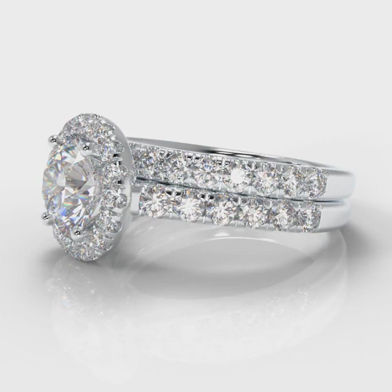 Micropavé Round Brilliant Cut Diamond Halo Bridal Set