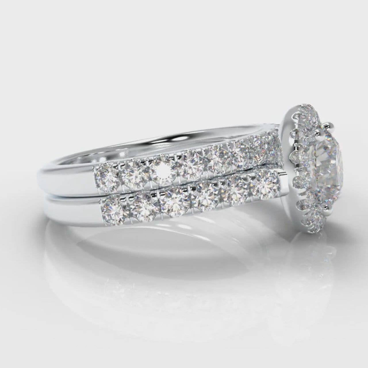 Micropavé Round Brilliant Cut Diamond Halo Bridal Set