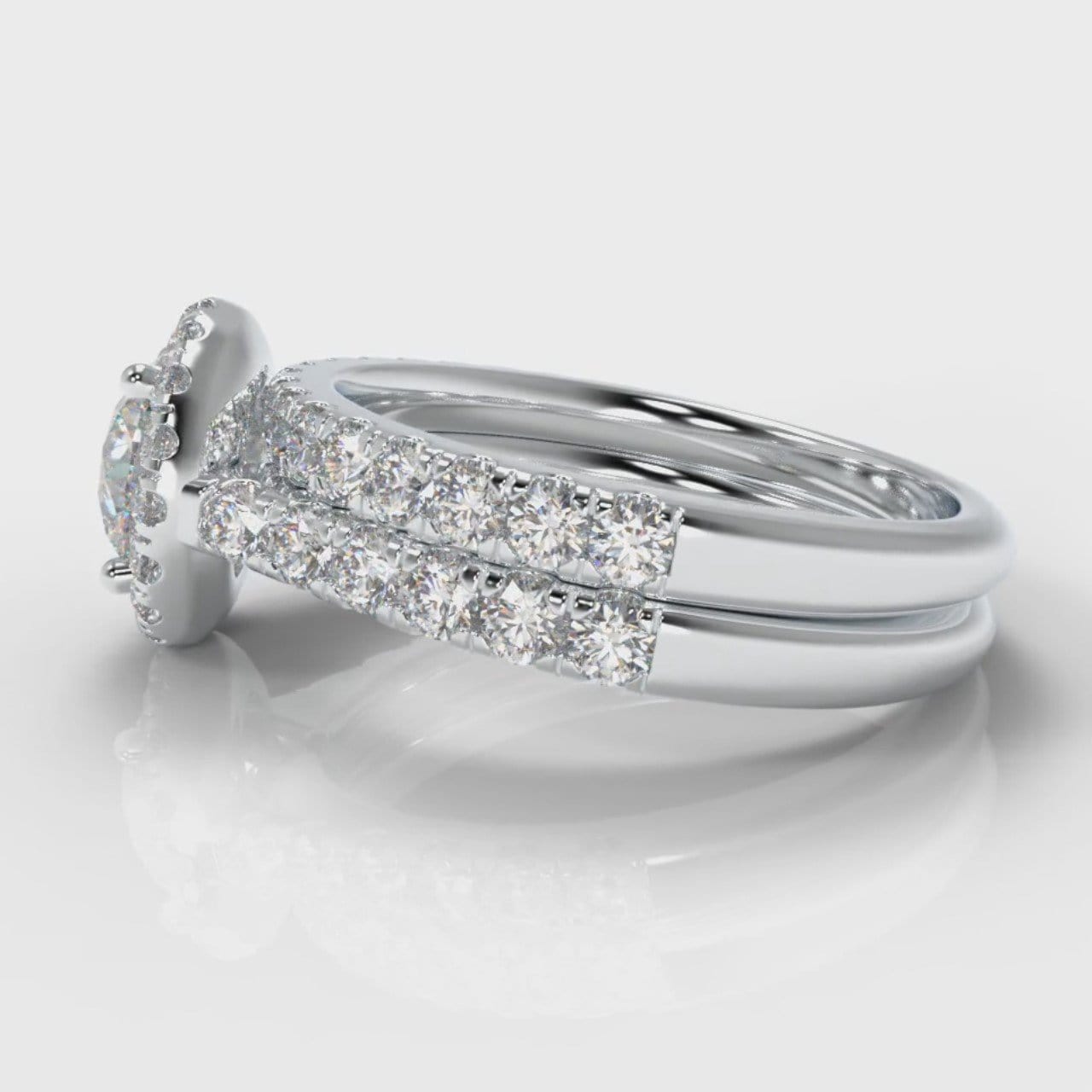 Micropavé Round Brilliant Cut Diamond Halo Bridal Set