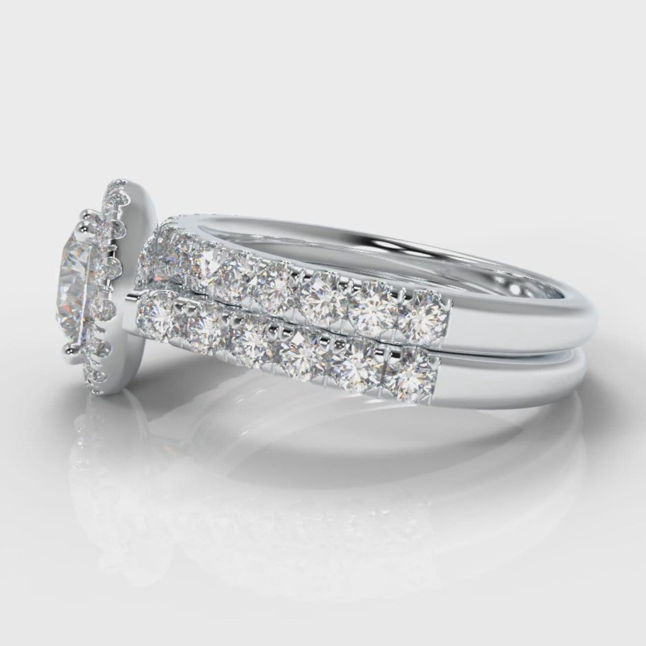 Micropavé Round Brilliant Cut Diamond Halo Bridal Set