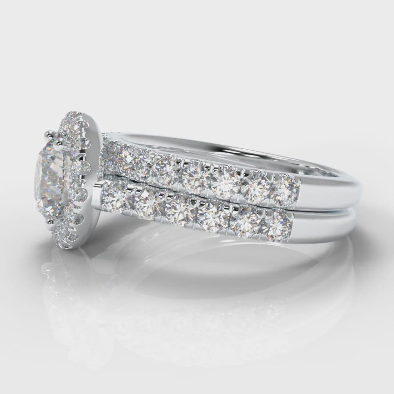 Micropavé Round Brilliant Cut Diamond Halo Bridal Set