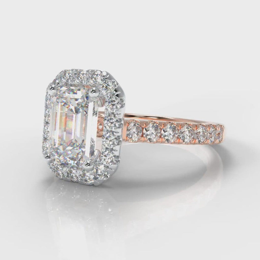 Micropavé Emerald Cut Diamond Halo Engagement Ring - Two Tone Rose Gold