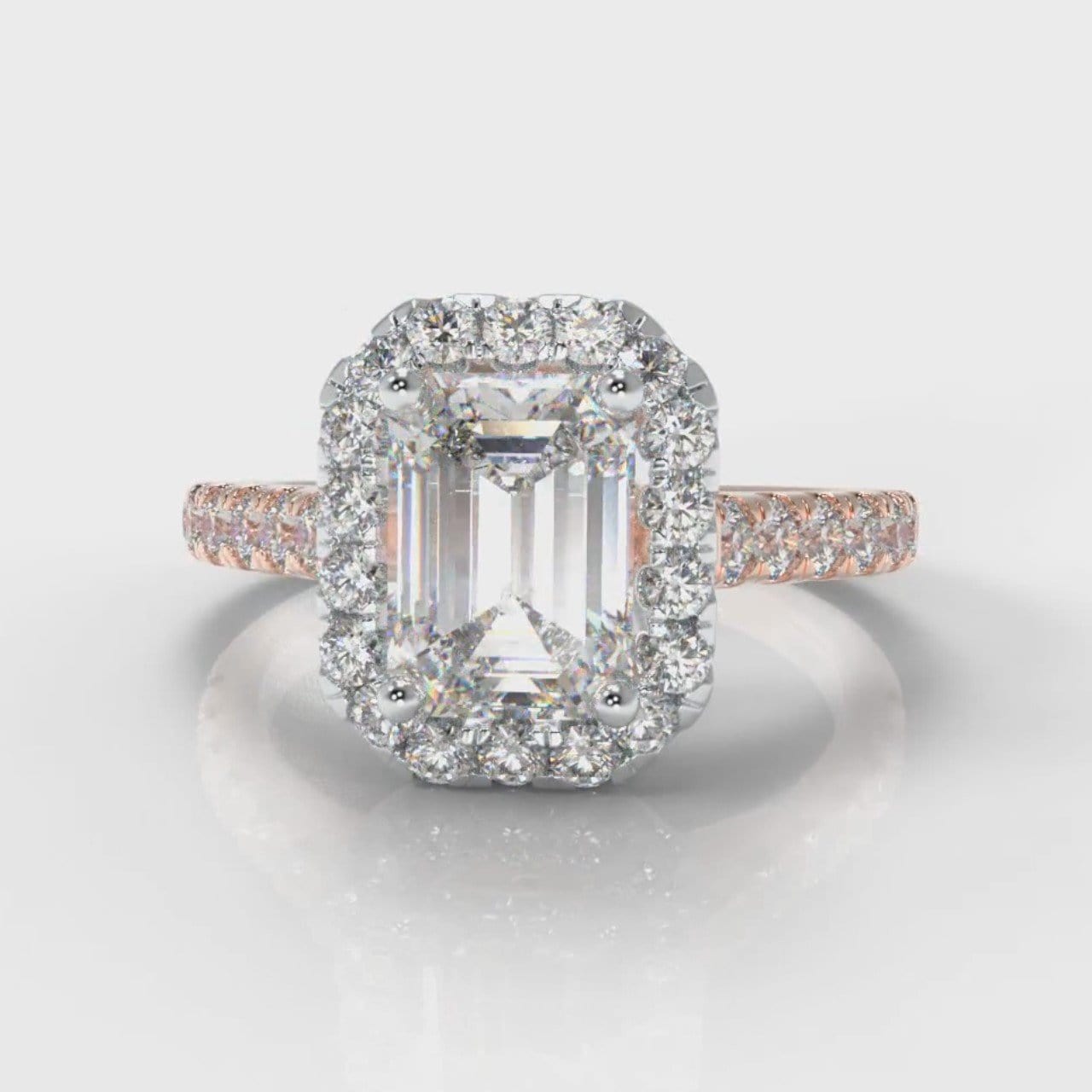 Micropavé Emerald Cut Diamond Halo Engagement Ring - Two Tone Rose Gold