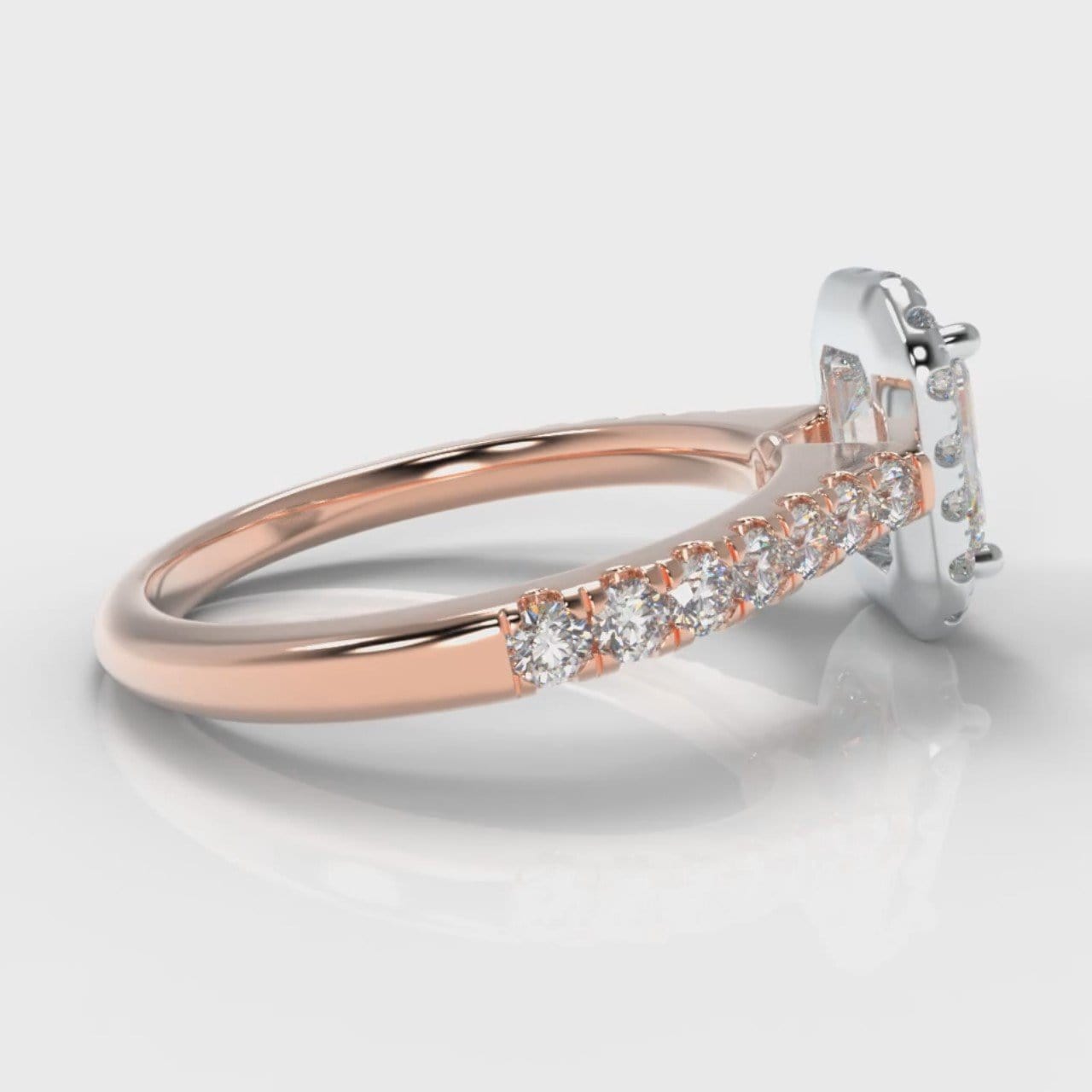 Micropavé Emerald Cut Diamond Halo Engagement Ring - Two Tone Rose Gold