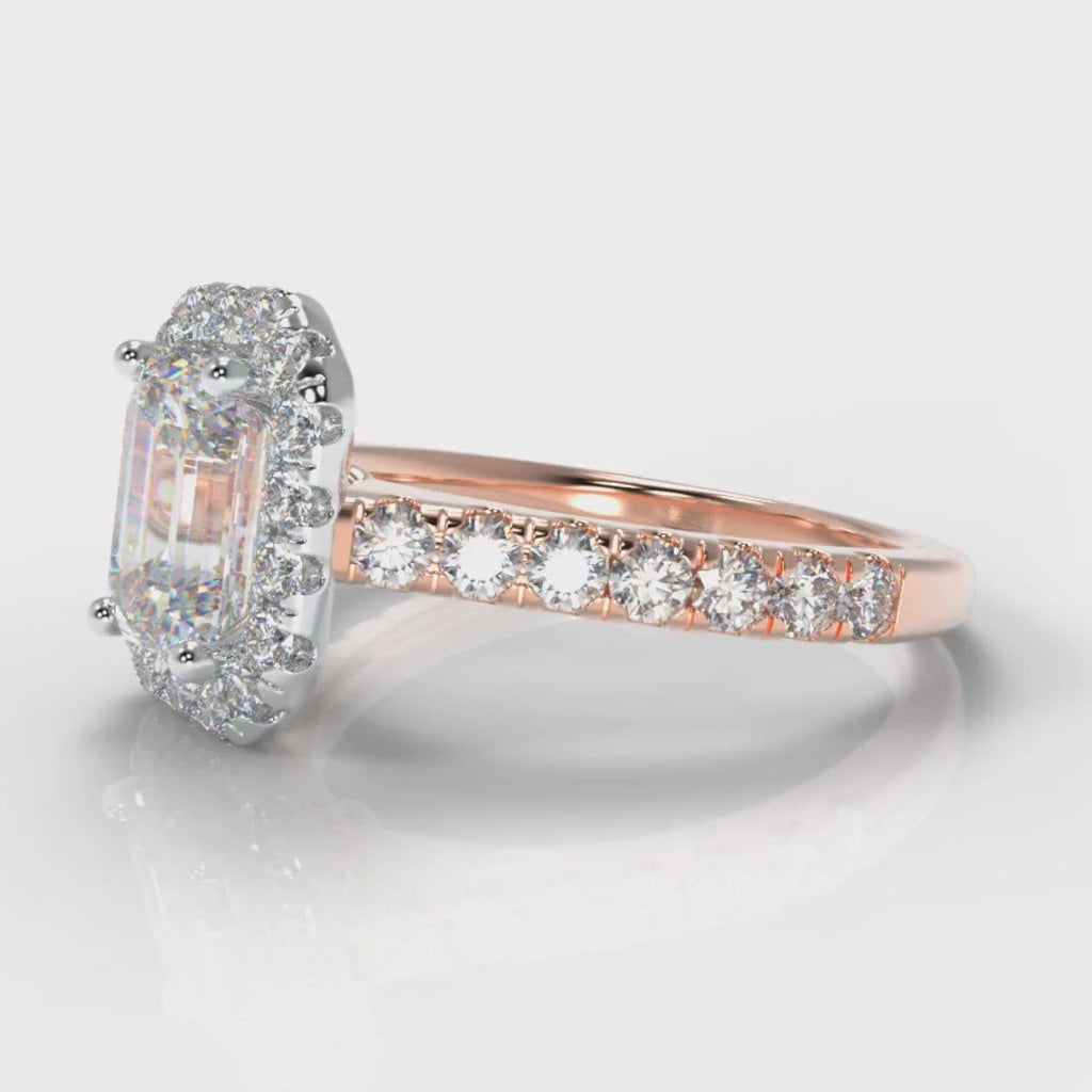 Micropavé Emerald Cut Diamond Halo Engagement Ring - Two Tone Rose Gold