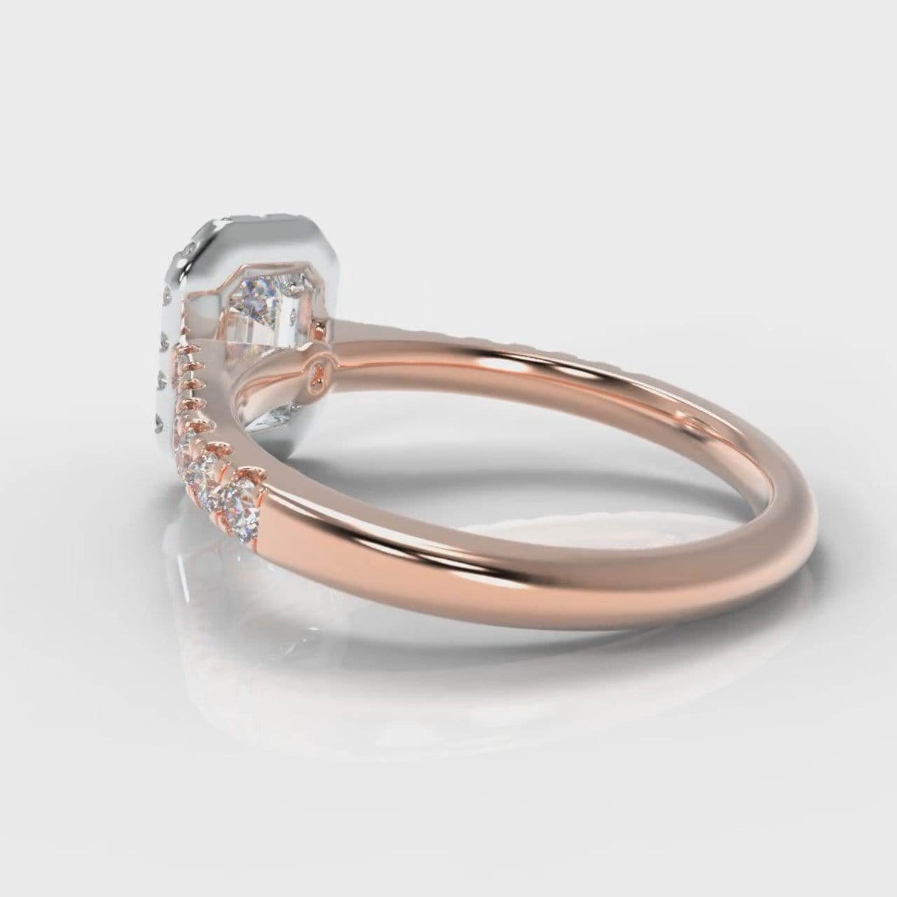 Micropavé Emerald Cut Diamond Halo Engagement Ring - Two Tone Rose Gold