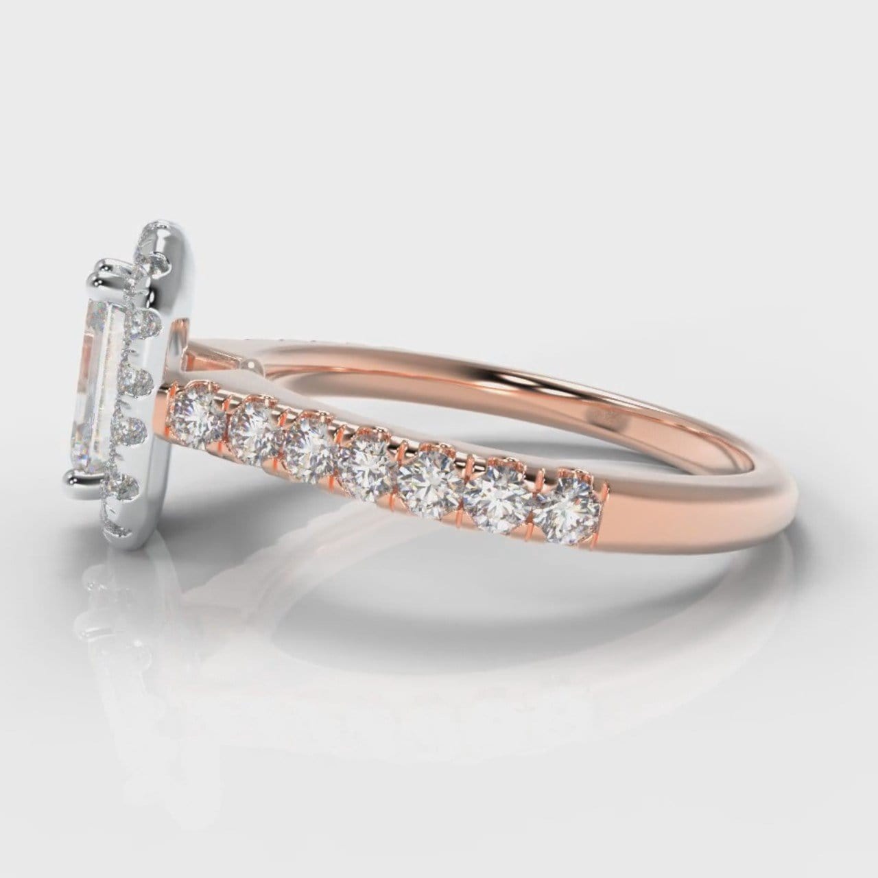 Micropavé Emerald Cut Diamond Halo Engagement Ring - Two Tone Rose Gold